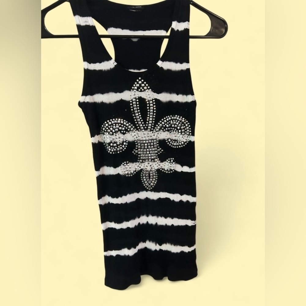Black & White Tie Dye Ribbed Tank Top w/ Rhinestone Fleur De Lis Y2K Style